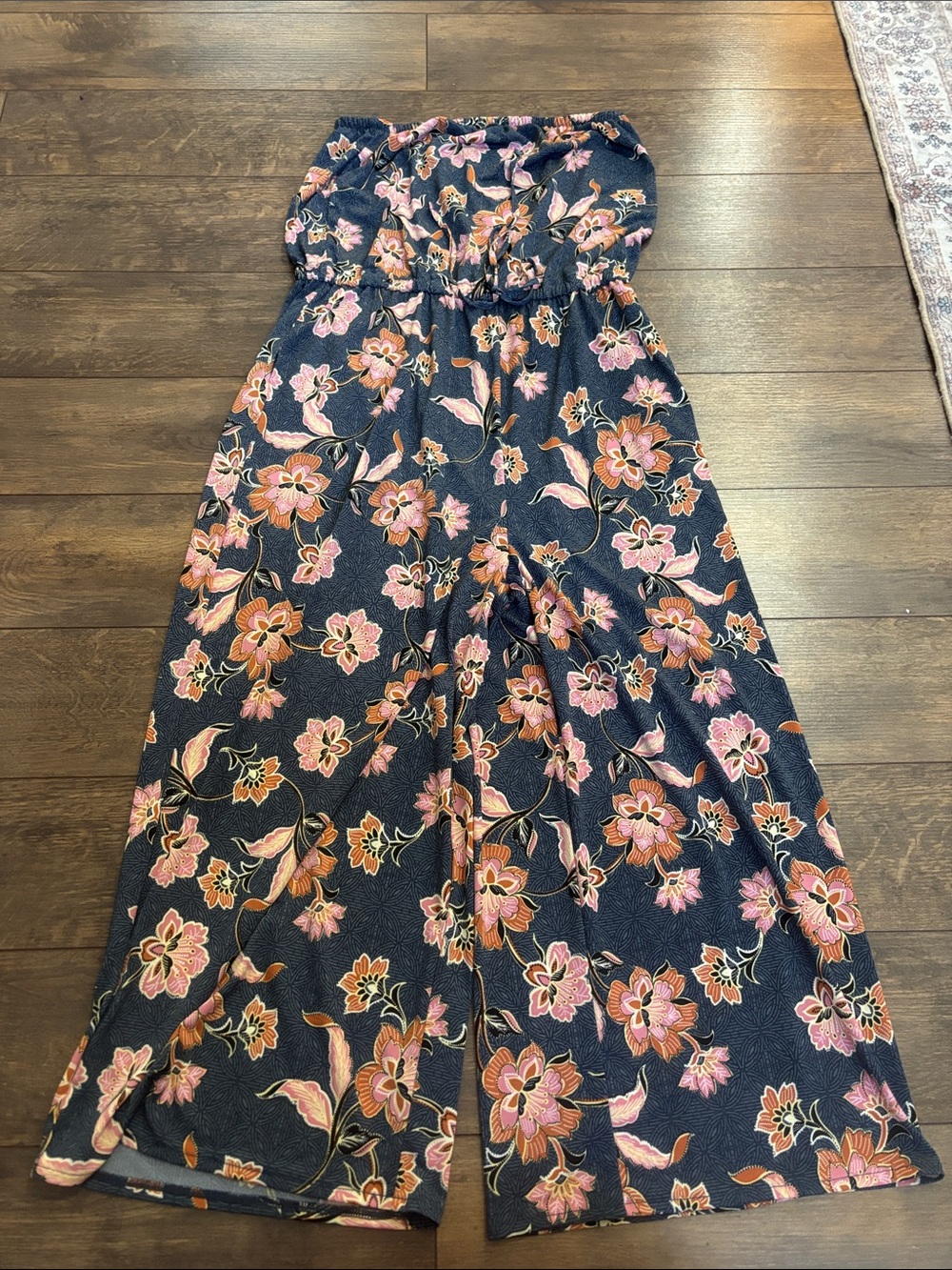 Maurices Navy Strapless Floral Jumpsuit with Pink & Orange Blooms